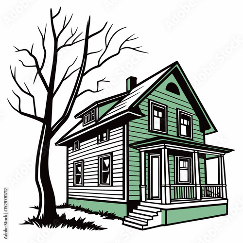Charming green house with bare tree in front yard