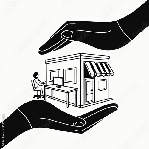 Small business protection secure hands safeguarding shop owner working computer