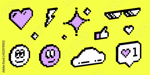 Y2k pixel art 3d vector elements. A collection of digital mood icons, including a talk bubble, sunglasses, and emoji. Vector graphics.