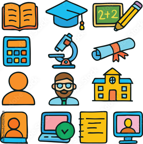 Education Icon Set: A vibrant collection of education-related icons, perfect for educational materials or design projects. The icons capture a range of subjects, from academic books to computers.