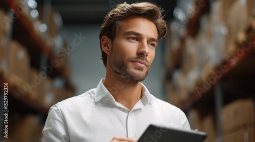 Inventory management action warehouse location business content industrial environment close-up viewpoint