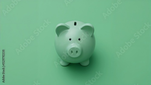 Mint green piggy bank on green background photo