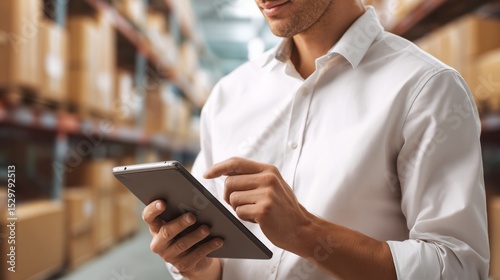 Warehouse inventory management modern storage facility digital operations professional environment close-up view efficiency concept