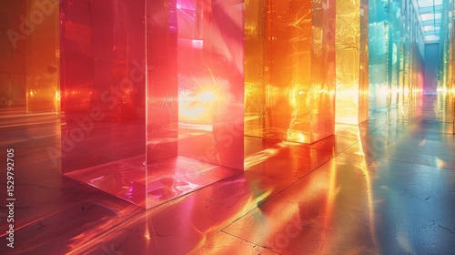An extraordinary scene featuring colorful transparent prisms in an interior space, casting vibrant reflections and creating a stunning visual experience of light and color.