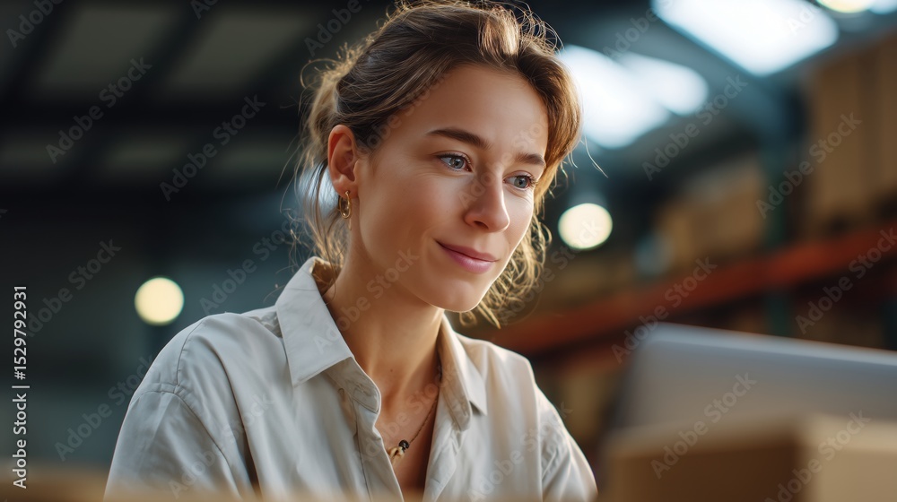 Naklejka premium Focused woman working on computer in modern office professional environment inspirational workspace