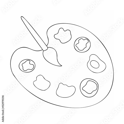 Artistic palette and brush outlined in black and white for coloring or design projects