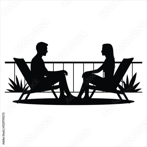 a man and woman sitting side by side on straightedged lounge chairs placed on a modern balcony