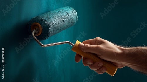 Painting action with roller in home interior diy project home environment close-up viewpoint creative concept