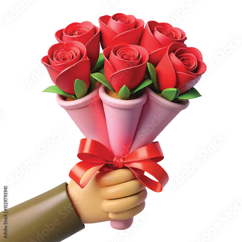 3D hand holding a mixed flower bouquet, perfect for celebration themes, gifting visuals, and romantic cards.