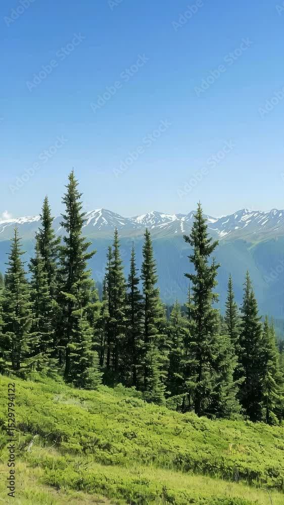 Explore a breathtaking view of majestic mountains surrounded by vibrant greenery and tall trees under clear skies during daytime Explore a breathtaking view of majestic mountains surrounded by vibrant greenery and tall trees under clear skies during daytime