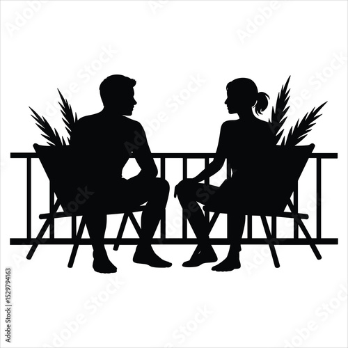 a man and woman sitting side by side on straightedged lounge chairs placed on a modern balcony
