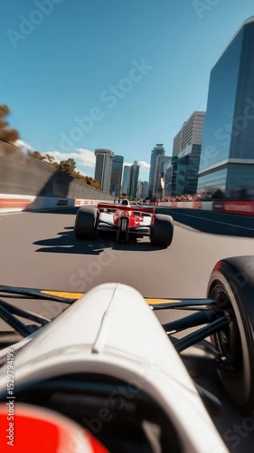 Formula race car speeding through urban street circuit with skyscrapers in the background