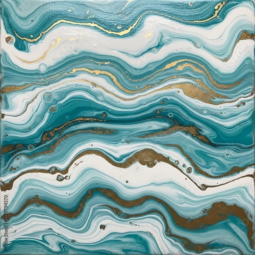 Abstract fluid art painting with teal and gold metallic accents