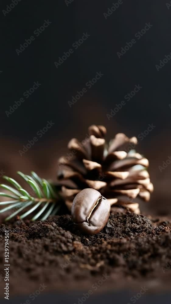 Pine cone and coffee bean on soil with evergreen branches creating nature’s harmony