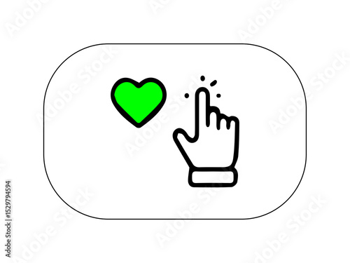 It features a green heart symbol on the left side, and on the right, there is a hand with an extended index finger, appearing to tap or interact with the heart.