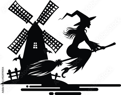 Silhouette of a Witch Flying on a Broomstick Past a Windmill Halloween Illustration