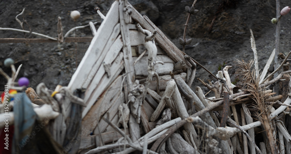 Obraz premium Driftwood arranged on a rocky beach in San Francisco, California.
