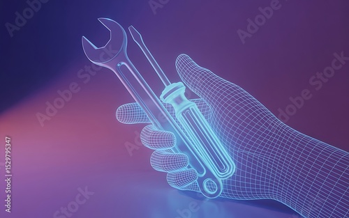 A digital wireframe hand holding a wrench and screwdriver against a purple and blue gradient background
