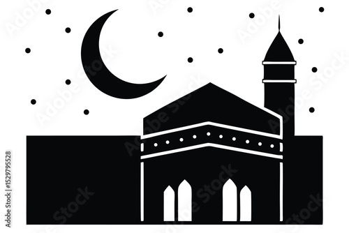 Serene minimalist silhouette of the kaaba under the moon