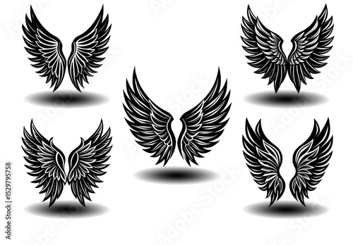 Gothic angel wings vector pack featuring vintage distressed black feathers. Ideal for tattoo design, fantasy branding, spiritual logos, and memorial artwork in scalable vector format.

