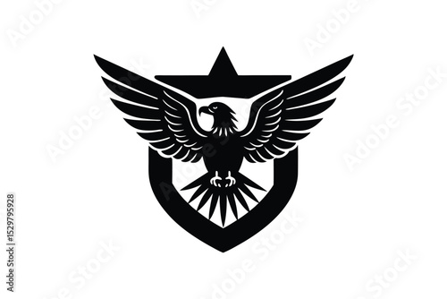 Silhouette art illustration of an American eagle perched on a military emblem.eps