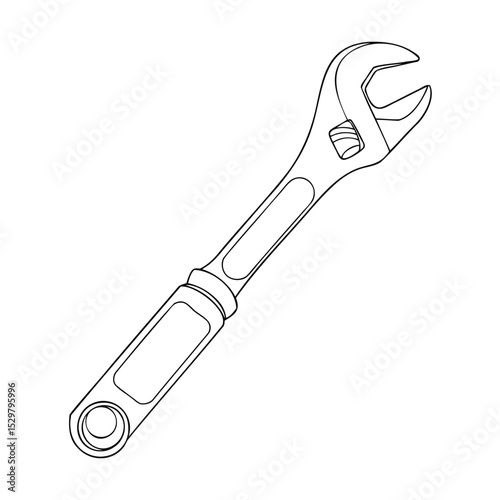Detailed line art illustration of an adjustable wrench tool for engineering and construction