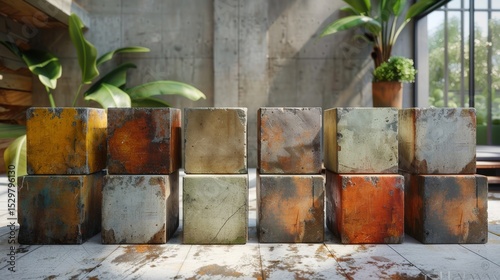 Wallpaper Mural A visually striking arrangement of rustic metal cubes with a variety of textures and colors, creating an intriguing abstract composition ideal for contemporary design themes. Torontodigital.ca
