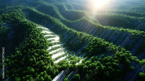 Solar panels nestled amongst a lush forest landscape