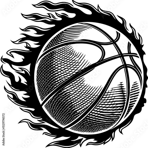 Illustration of a basketball engulfed in black flames art
