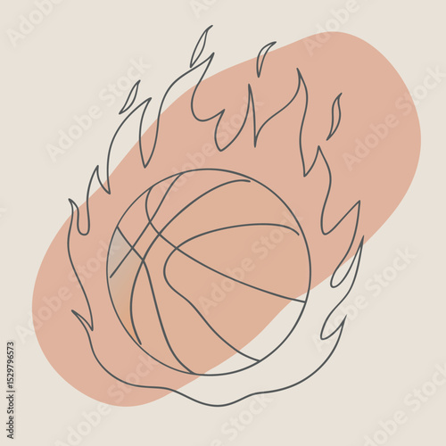 Stylized basketball on fire in a minimalist line art style