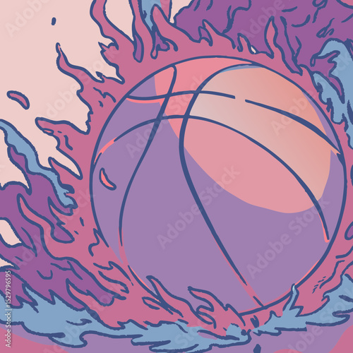 Illustration of a basketball surrounded by stylized flames