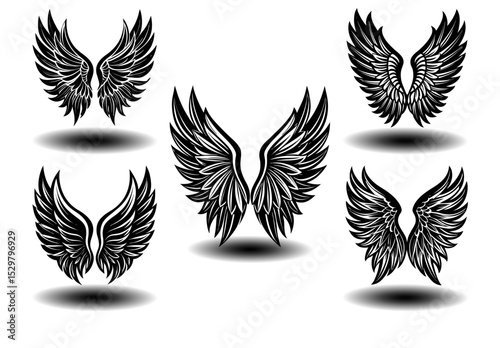Majestic black angel wings vector set with distressed feather details. Perfect for gothic tattoos, fantasy themes, spiritual branding, memorial artwork, and dark symbolic design in scalable vector for