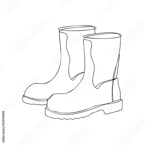 Minimalist line drawing of a pair of rubber boots isolated on a white background