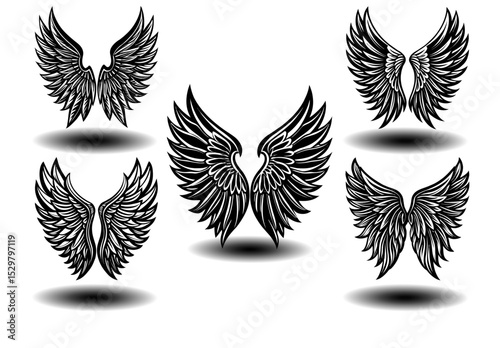 Gothic angel wings vector pack featuring black distressed feather silhouettes. Ideal for fantasy artwork, tattoo design, spiritual branding, and memorial prints in scalable vector format.

