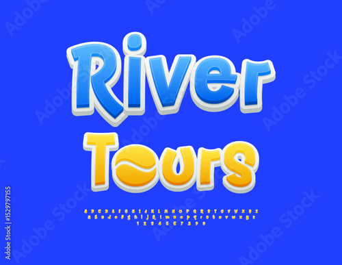 Vector Advertising flyer River Tours with Decorative Element. Summer Yellow Font. Artistic Handwritten Alphabet Letters and Numbers set. 