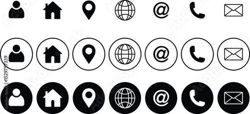 Web Icon Set. Phone, Email, Location, Home, User icon Set. Web Kontakt Symbole. Website icon and phone icon set. 