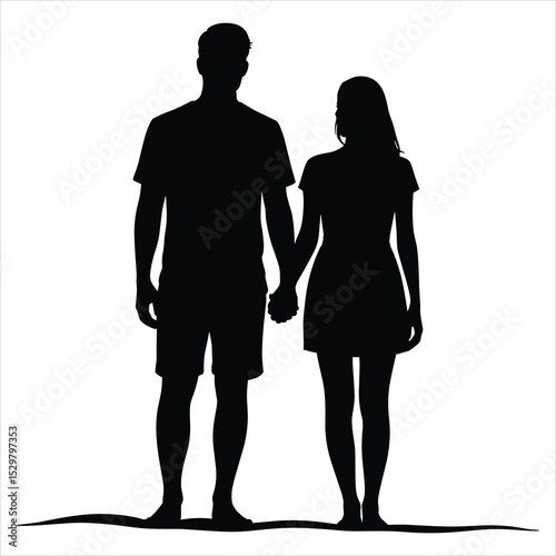 a man and woman standing beach side by side, holding hands, facing slightly toward each other