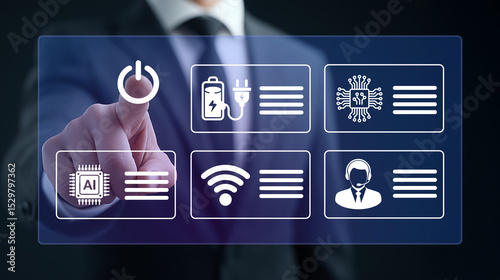Innovation Interface: A close-up shot of a hand interacting with a futuristic interface with diverse icons of technological advancement, a fusion of technology and user engagement.