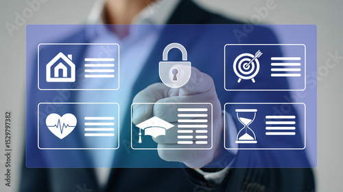 Secure Future Planning: A person's finger points at a padlock icon on a futuristic interface, symbolizing the security and protection of crucial life aspects like home, health, education.