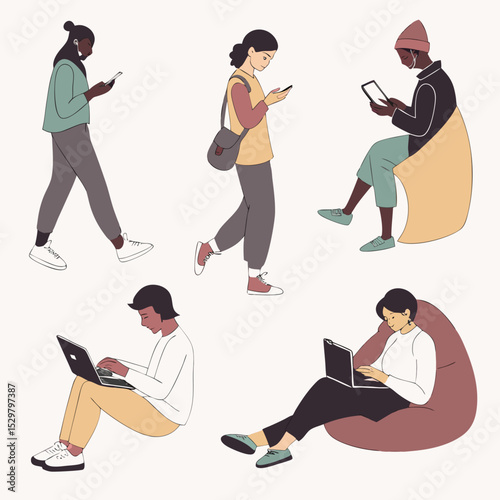 Diverse individuals engaging with technology using laptops and smartphones vector illustration