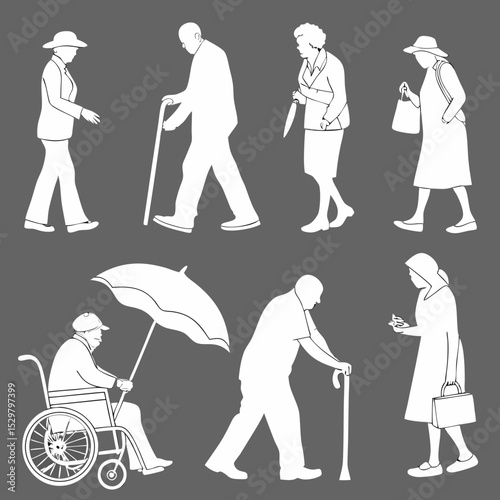 Elderly people silhouettes walking various ways isolated on a dark gray background