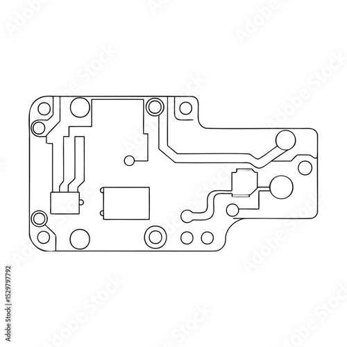 Detailed black and white vector illustration of an electronic circuit board layout design