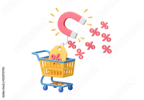 3D Cartoon Shopping Cart Magnet Discounts isolated on a transparent background