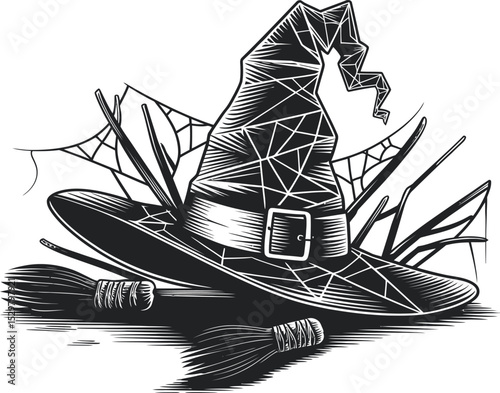 Spooky Halloween Witch Hat and Broomsticks Illustration