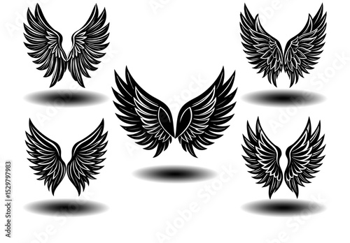 Elegant Black Angel Wings Vector Set with Grunge Feather Texture. Perfect for tattoo art, gothic design, fantasy branding, spiritual prints, and memorial logos in scalable vector format.

