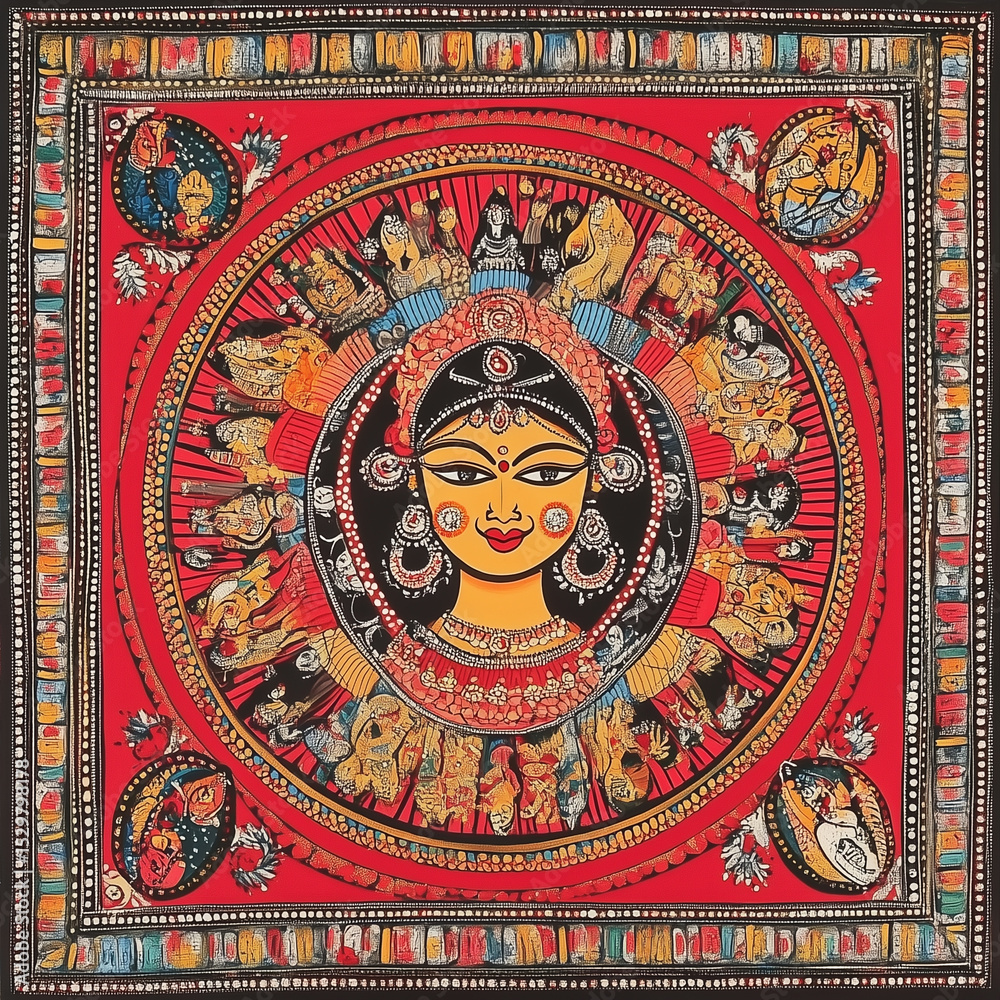 Fototapeta premium Powerful Madhubani Painting of Goddess Shakti: Durga, Kali & Parvati in Bold Folk-Art Style with Lions, Snakes, Lotus Borders & Geometric Floral Patterns