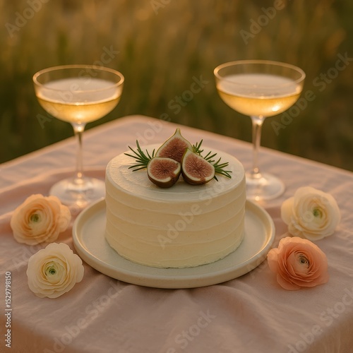 Elegant fig-topped cake with two champagne glasses on softly lit outdoor table setting