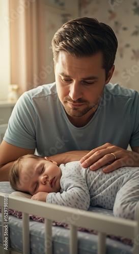 Father watching baby sleep tenderly in nursery
