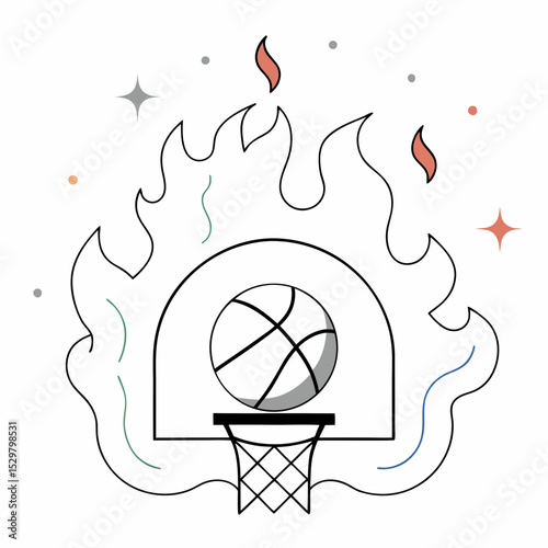 Basketball hoop with flames and stars outline drawing