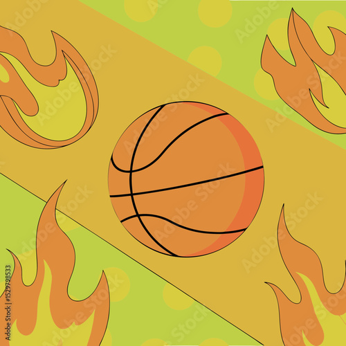 Illustration of a basketball surrounded by flames design